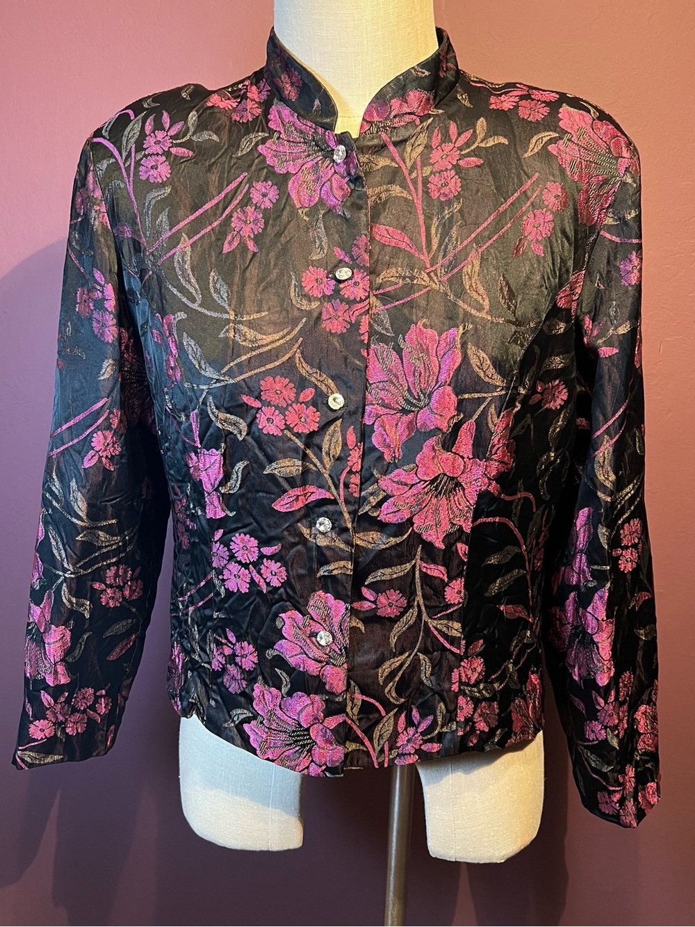 🖤Vintage J.B.S. Ltd Brocade Jacket Black Pink Metallic Mandarin Collar Blazer